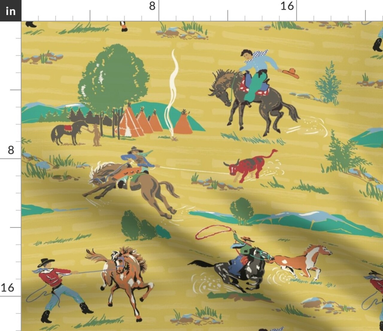 Western Cowboy Rustic Horses Ranch Mountains Southwestern Equestrian Custom Printed Fabric by Spoonflower Various Fabrics by the Yard or Fat Quarter